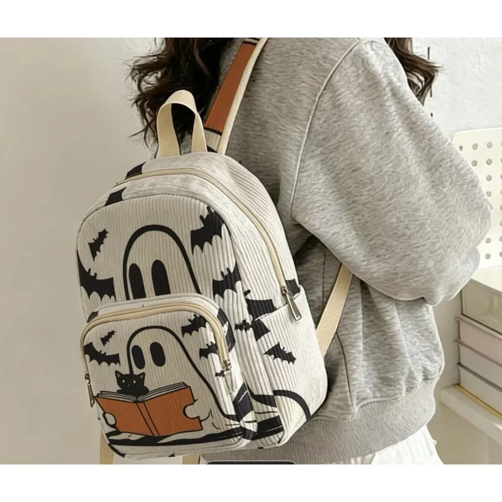 Ghost Cat Reading Pattern + 2D Printed Backpack New